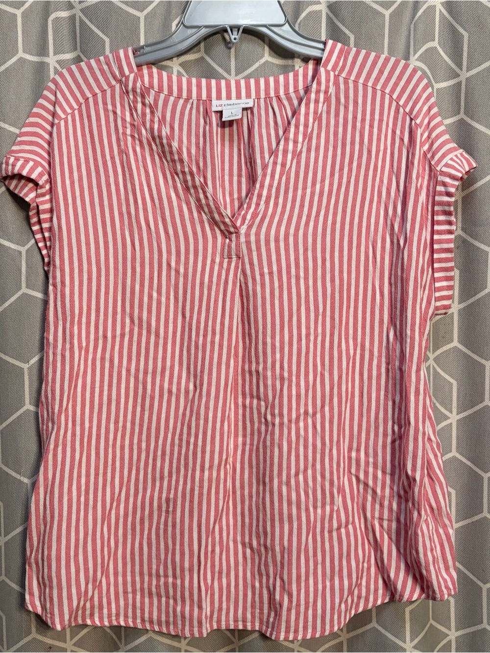 Liz Claiborne Pink and White Striped V-Neck Tunic Top